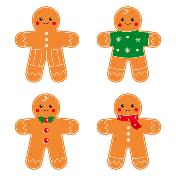 istock Festive gingerbread men in holiday outfits. Vector illustration isolated 2181241912