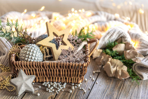 istock Christmas decorations in a basket. Composition with Christmas decorations. 2181264995