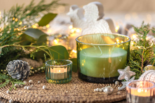 istock Cozy Christmas composition. Christmas candle. 2181264996