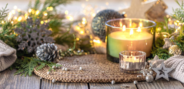 istock Cozy Christmas composition. Christmas candle. 2181264997
