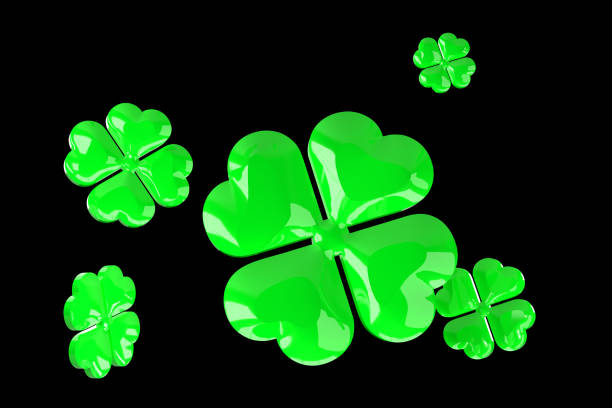 Four-leaf clovers are glowing in dark background, symbolizing luck, fortune, and prosperity