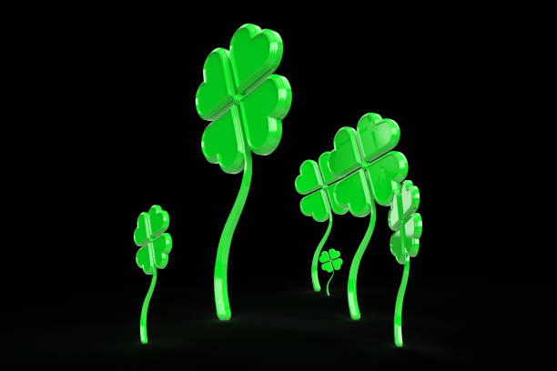 Four-leaf clovers are glowing in dark background, symbolizing luck, fortune, and prosperity