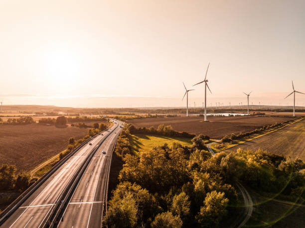 istock Aerial view of wind turbines on sunset. 2181275306