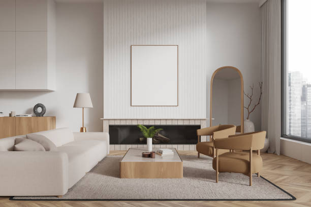 istock Modern interior living room with blank framed poster on wall. 3D Rendering 2181288278
