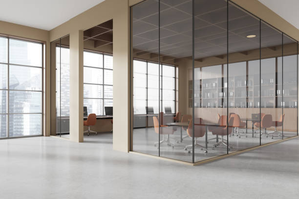 istock Modern open space office with glass walls and city view. 3D Rendering 2181288339