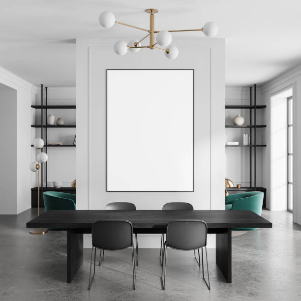 istock Stylish living room interior with eating and relaxing zone, window. Mockup frame 2181288537