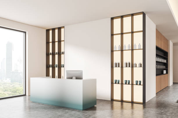 istock Modern reception area with product display shelves and large window. 3D Rendering 2181288620
