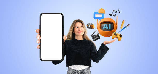 Woman with mock up phone display, Ai bot and creativy services