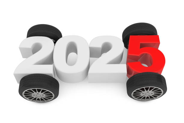 istock 2025 Year Concept with Car Wheels. 3d Rendering 2181289383