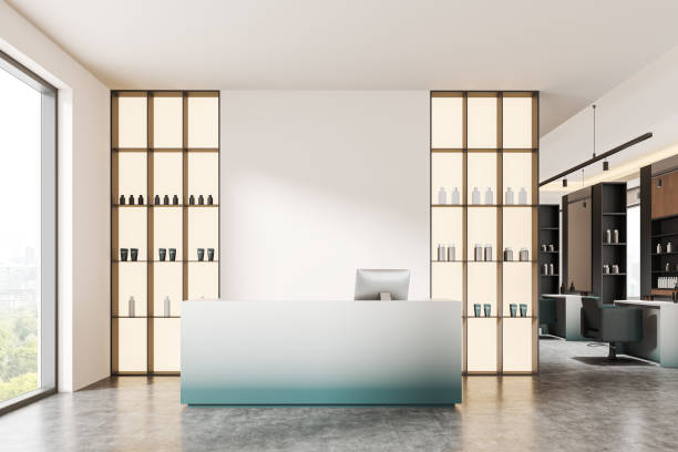 istock Modern salon reception area with minimalist design. 3D Rendering 2181289402