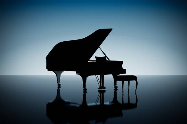 istock Black Silhouette of a Grand Piano with Its Lid Open and a Stool. 3d Rendering 2181289568