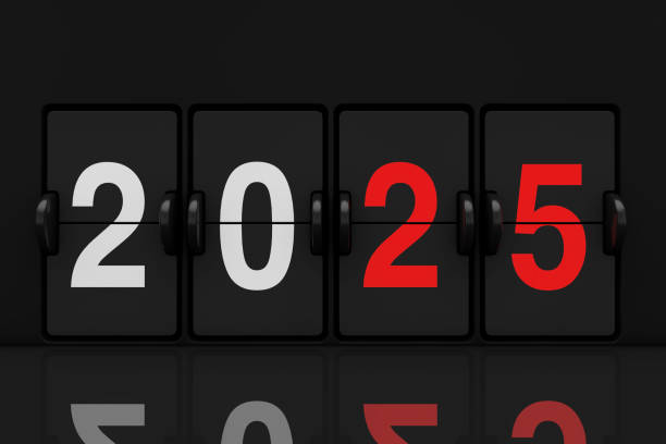 istock Mechanical Analog Flip Clock Board with 2025 New Year Sign. 3d Rendering 2181289625