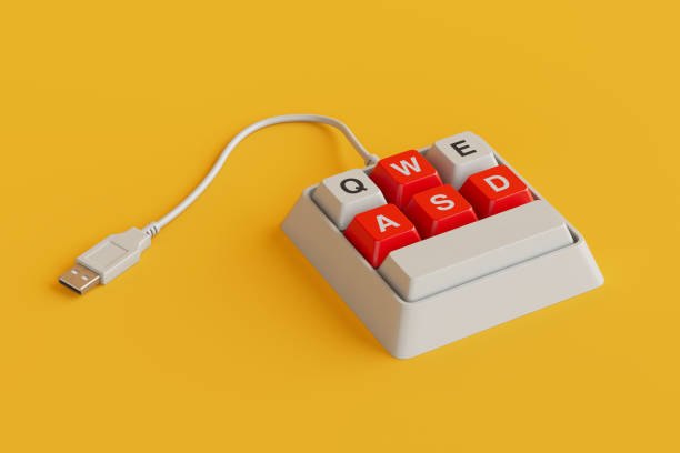 Small, Compact and Designed Specifically for Gaming White Keyboard with Red WASD Keys and a USB Cable. 3d Rendering