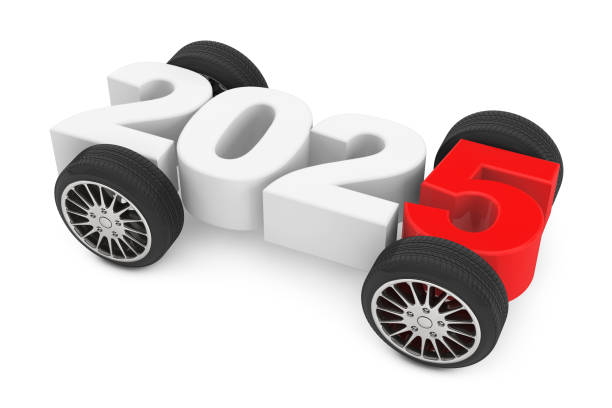 istock 2025 Year Concept with Car Wheels. 3d Rendering 2181290216