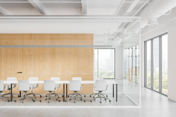 istock Modern office interior with large windows and meeting area. 3D Rendering 2181290245