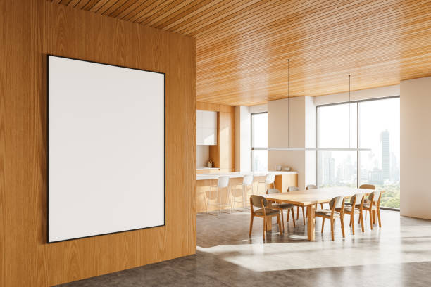 istock Home kitchen interior with eating and cooking zone, panoramic window. Mockup 2181290363