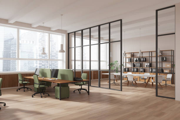 istock Modern office room interior with coworking and conference room with window 2181290446