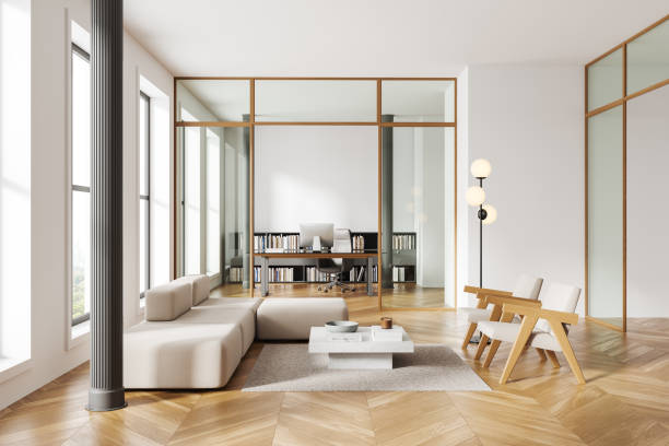 istock Light business interior with work desk, relax place and shelf, panoramic window 2181290518