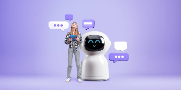istock Woman standing near smiling AI robot, text or speech bubbles 2181290751