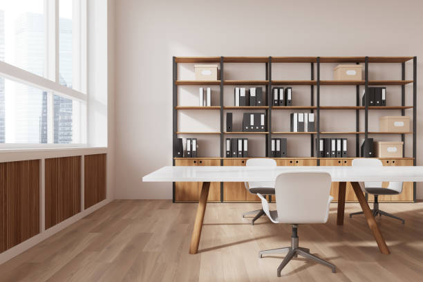 istock Modern office interior with large windows and wooden shelving. 3D Rendering 2181290823