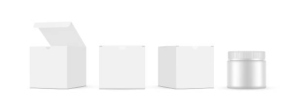 Square Packaging Boxes With Plastic Cosmetic Jar, Front And Side View Square Packaging Boxes With Plastic Cosmetic Jar, Front And Side View, Opened And Closed Lid. Vector Illustration medicine bottle top view stock illustrations