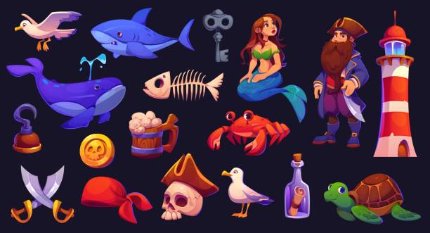 Cartoon pirate game assets and corsair characters Cartoon pirate game assets and corsair characters for treasure island adventure, vector icons. Caribbean pirate game GUI assets of mermaid siren, fish skeleton and pirate skull in tricorne hat wood turtle stock illustrations