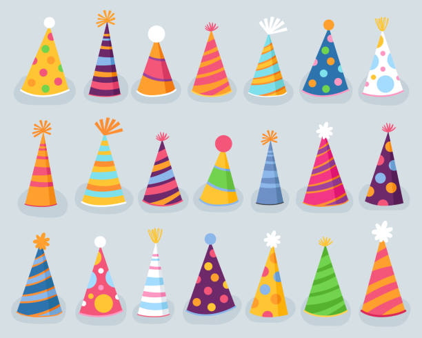 Collection of multi-colored holiday caps. Multi-colored holiday caps. Collection of holiday hats. Cartoon illustrations. party hat stock illustrations