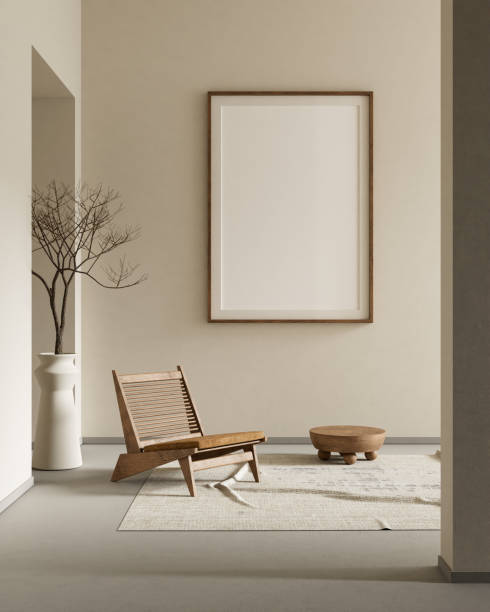 istock Mock up poster frame in boho style decorated livinig room. Modern, authentic Interior design of living room with wooden furnitures. 3D illustration 2181304244