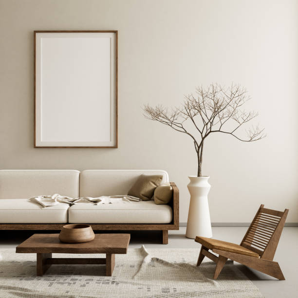 istock Mock up poster frame in boho style decorated livinig room. Modern, authentic Interior design of living room with wooden furnitures. 3D illustration 2181304245