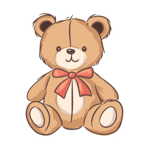 kuvapankkikuvitukset aiheesta söpö nalle istuu punaisella rusetilla, ihanteellinen lasten sisustus- ja lastentarhateemoihin - teddykarhu