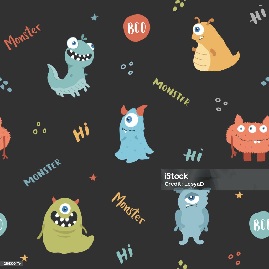 Monster Background Vector Cute Monsters Seamless Pattern Cartoon Monsters Background Vector ...