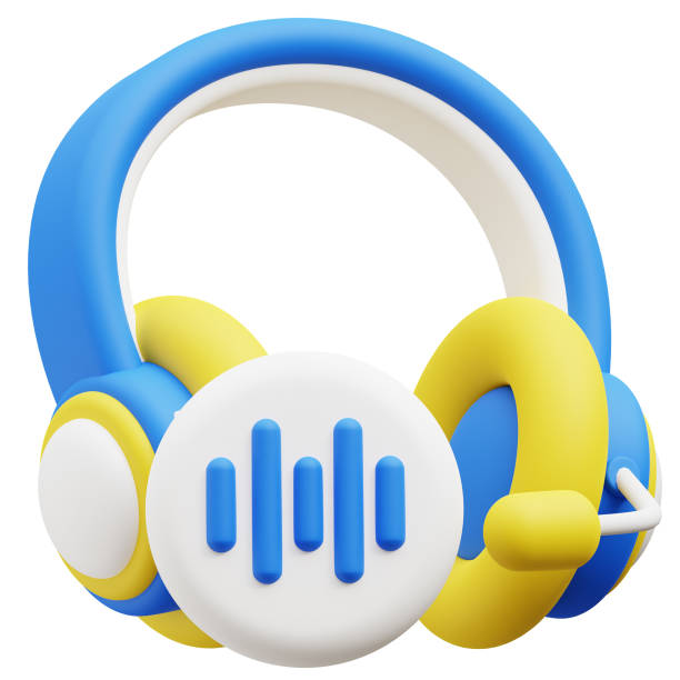 A close-up shot of a headset with a microphone. There's a laptop in the background.