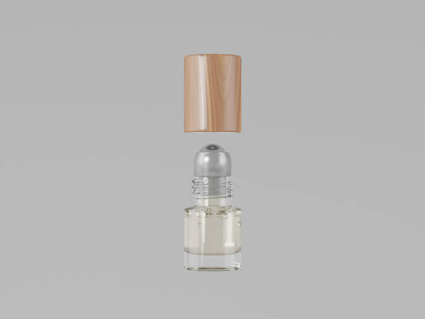 Small roller bottle mockup, open wood cap, clear glass roller bottle mockup, aroma oil roll on packaging, short cylindrical shape oil containers, 1 ml liquid cologne packaging isolate on background