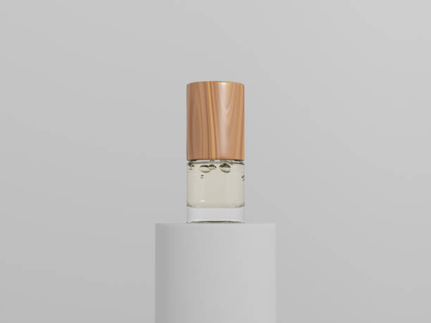 istock Small cylindrical liquid cosmetic container mockup, 1 ml empty labeled wood cap and clear glass bottle packaging display on pedestal, short perfume tube containers, sample product bottle mockup 2181310196