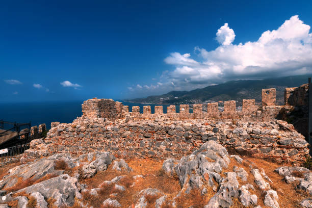 Old defense wall at Alanya Castle in August.