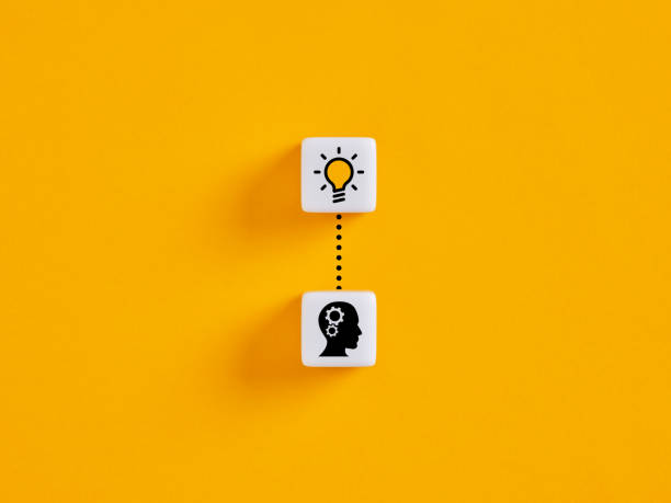 Connecting idea and human mind with dotted line on yellow background
