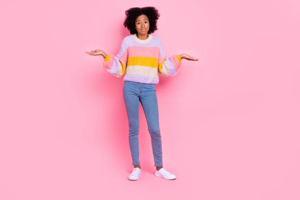 istock Full size photo of doubtful hesitated girl with perming coiffure dressed knit pullover shrug shoulders isolated on pink color background 2181334528