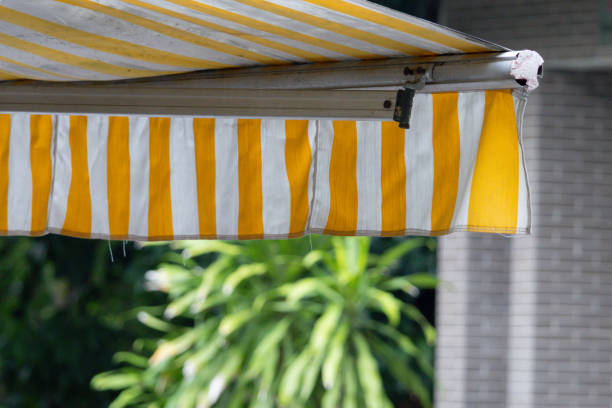 istock A yellow and white striped awning is hanging over a plant 2181336483
