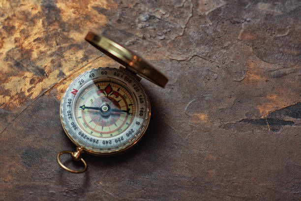 istock Retro brass compass in large on vintage background. Navigation tool for tourism. 2181338533