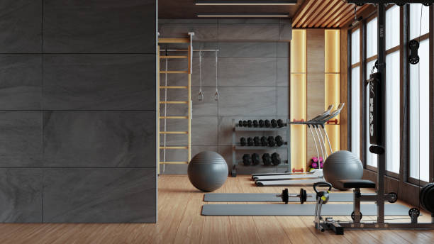 istock Mockup concrete wall in gym interior with sport and decorating style loft- 3D rendering 2181339312
