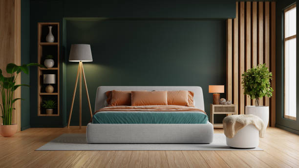 istock Mockup dark green wall in bedroom interior and decor accessories- 3D rendering 2181339432