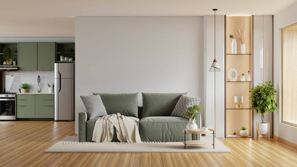 istock Mockup white wall with green sofa and decor in living room,kitchen interior design- 3D rendering 2181339471