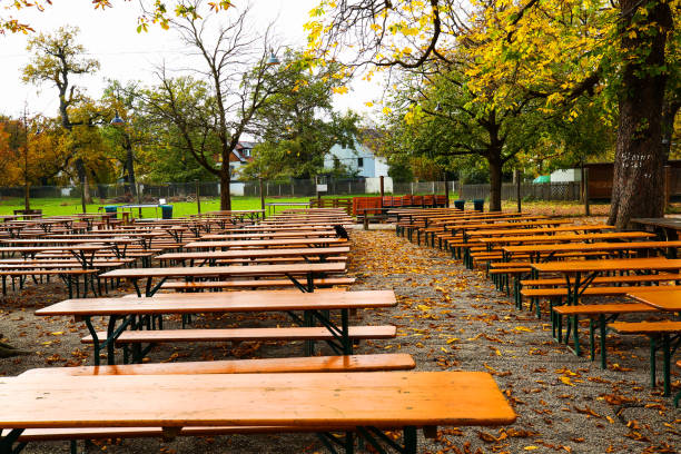 Royal Hirschgarten in autumn, beer garden tables