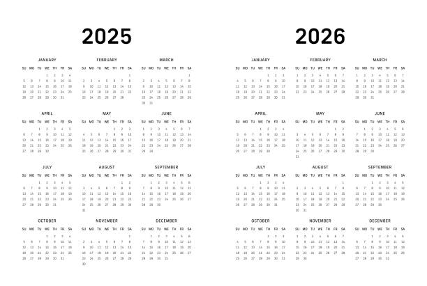 12 Month Calendar for 2025-2026 Monday Start - White Background Vertical 2025, 2026, Calendar Sunday Start - White Background 2026 stock illustrations