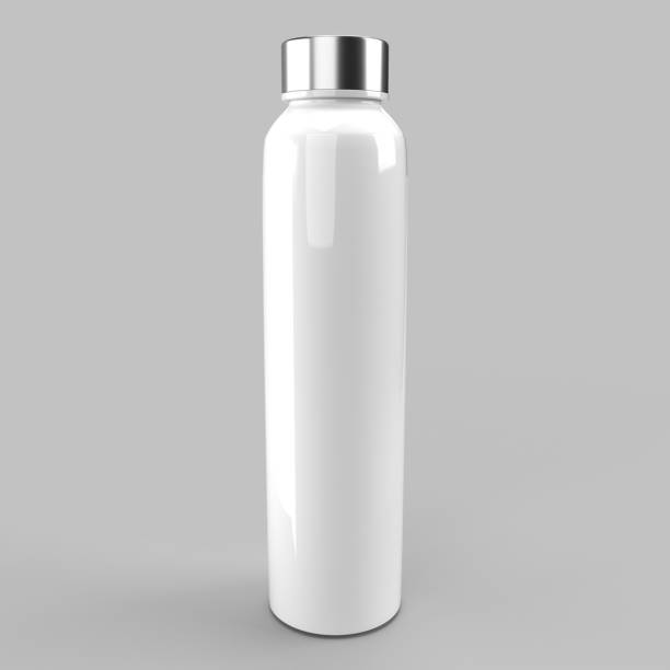 istock White sport bottle with metal cap standing on gray background 2181354755