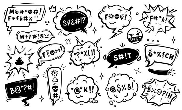 Comic speech bubbles of aggressive expletive curse Comic speech bubbles of aggressive expletive curse and hate angry talk, cartoon vector. Bad words in speech bubble, explicit swear and rude language shout, aggressive emotions with exclamation signs cartoon devil with speech bubble stock illustrations