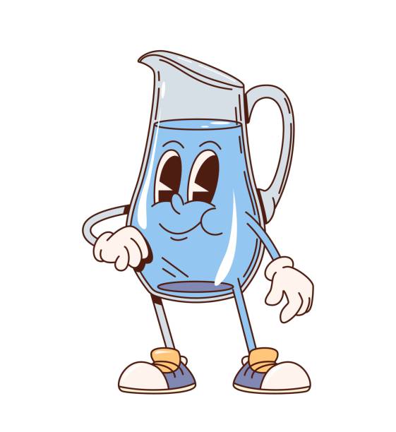 Retro groovy water pitcher or kitchenware utensils character with funny face, cartoon vector. Groovy retro and funky comic water jug or glass pitcher with happy face for kitchen emoji character