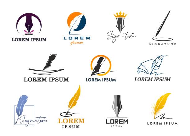 Quill icons with feather and ink pens, book, crown Quill icons with feather pen. Law, notary or writer symbols with vector ink pen and feather quills, book pages and gold crown. Calligraphy signature, literature, education, poetry and lawyer signs ancient writing tool stock illustrations