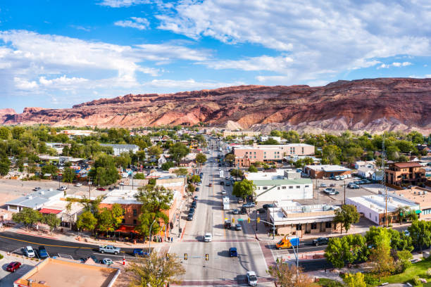 Aerial view of Moab, Utah along Main street. Moab is the largest city and county seat of Grand County in eastern Utah in the western United States, known for its dramatic scenery