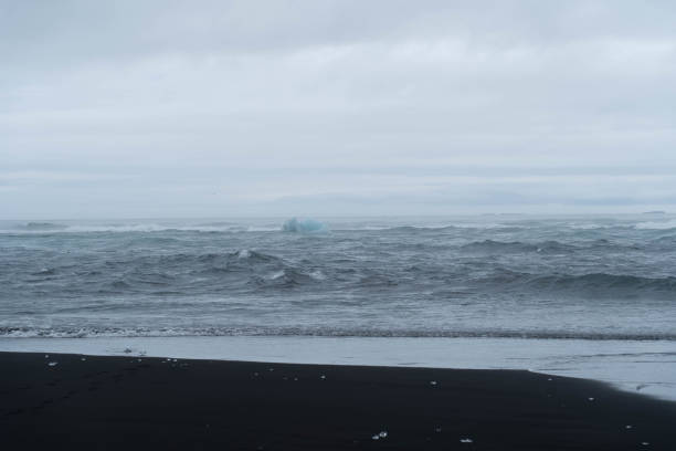 An untouched black sand beach stretches into the distance under a moody, overcast sky. Soft ocean waves gently kiss the shore, leaving subtle reflections on the wet sand. The scene is peaceful and isolated, with scattered footprints hinting at a quiet moment of solitude in nature. The muted tones and expansive horizon evoke a sense of calm and connection to the raw beauty of the coastline.